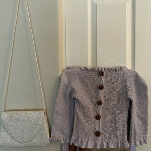 Cute pale purple off the shoulder stretchy top!